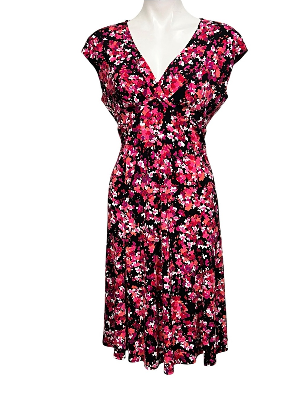 Kasper dress sz 8 Black Floral multicolor V-Neck Fit-n-Flare knee length office - Picture 2 of 7